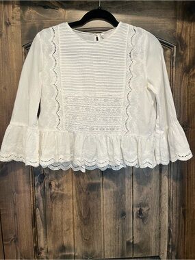 Women's White Lace Peplum Blouse - Classic Eyelet Detail